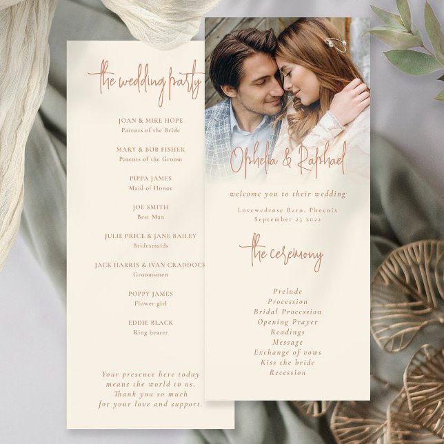 Boho Photo Script Cream Terracotta Wedding Program Invitation (Front and back view cream terracotta wedding program, either printed or as a digital download)