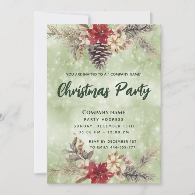 Boho Pine cone branch Christmas party corporate Invitation (Front)