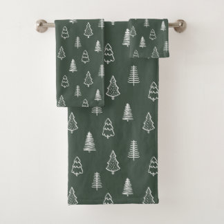 Boho Pine Trees Modern Winter Forest Dark Green Bath Towel Set