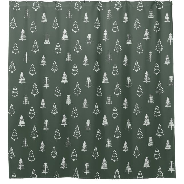 Boho Pine Trees Modern Winter Forest Dark Green Shower Curtain (Front)