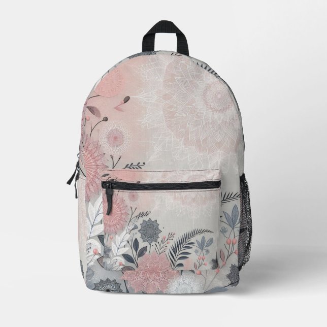 Boho Pink and Black Floral Lace Print Backpack (Front)