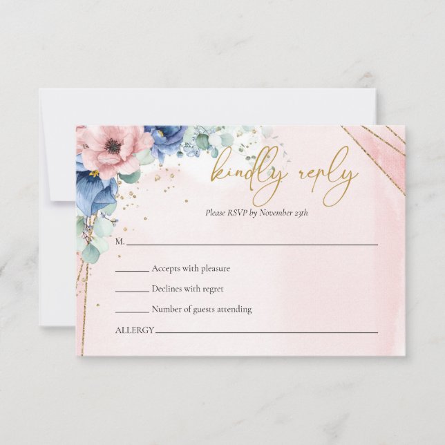Boho pink and blue floral eucalyptus rsvp card (Front)