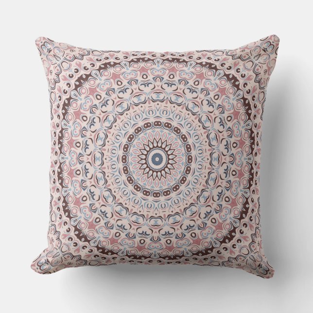 Boho Pink and Blue Mandala Pattern Cushion (Front)