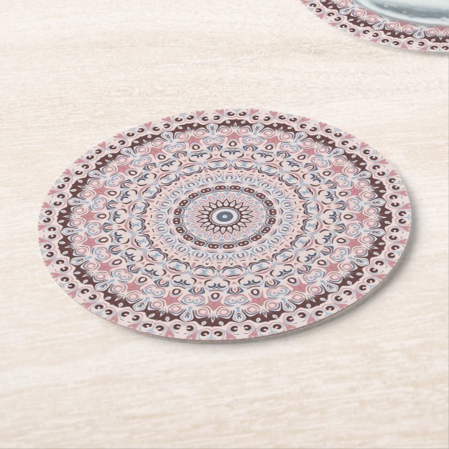 Boho Pink and Blue Mandala Pattern Round Paper Coaster (Angled)