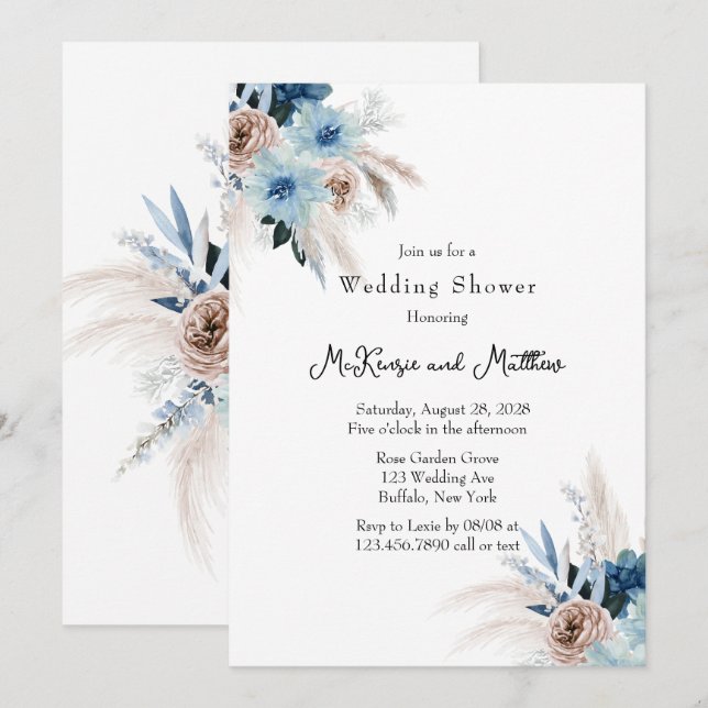 Boho Pink and Blue Peony Bouquet Wedding Shower Invitation (Front/Back)