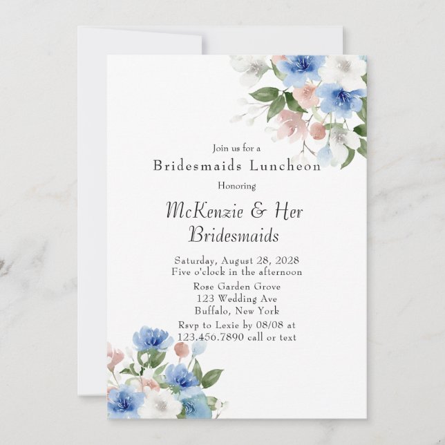 Boho Pink and Blue Peony Bridesmaids Luncheon Invitation (Front)