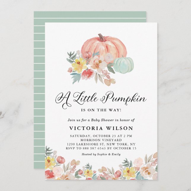 Boho Pink and Blue Pumpkins Autumn Baby Shower Invitation (Front/Back)