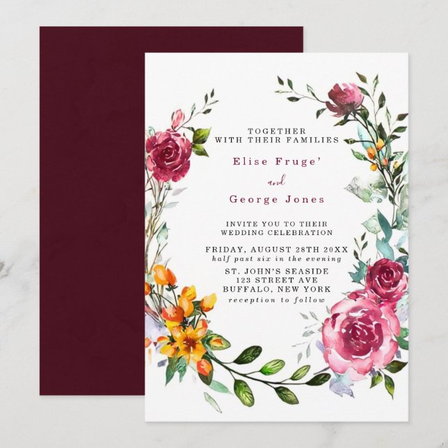 Boho Pink and Burgundy Watercolor Floral Wedding Invitation (Front/Back)