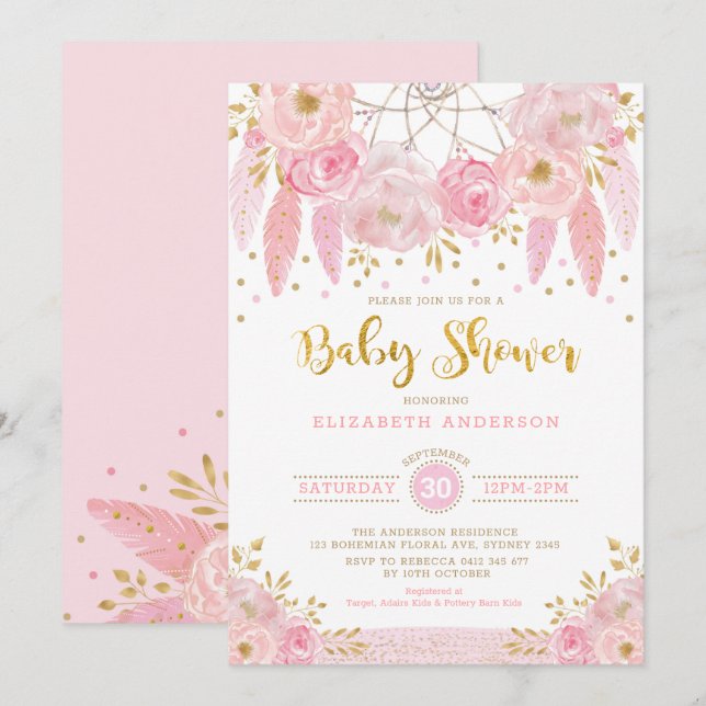 Boho Pink and Gold Dreamcatcher Floral Baby Shower Invitation (Front/Back)