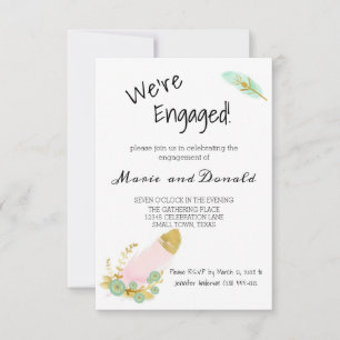 Boho Pink and Gold Feathers Engagement Invitation