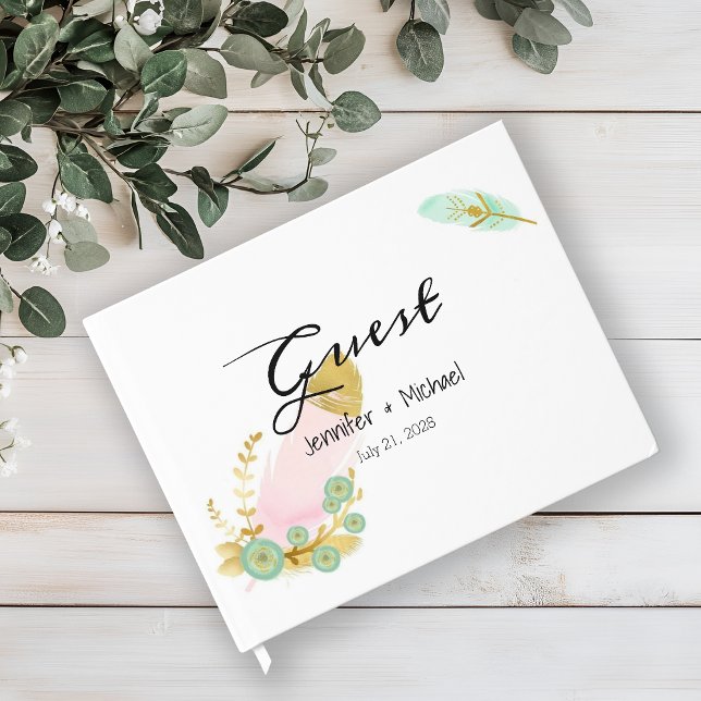 Boho Pink and Gold Feathers Guest Book (Creator Uploaded)