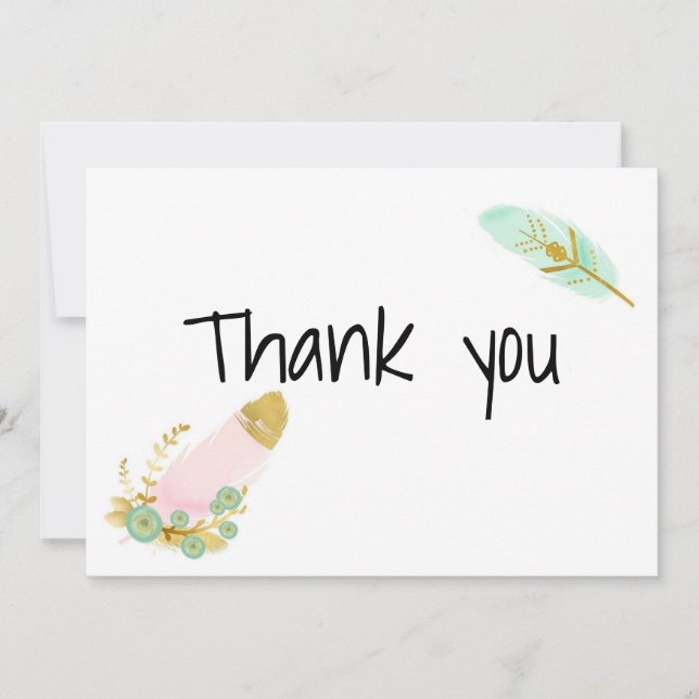 Boho Pink and Gold Feathers Thank You Card (Front)