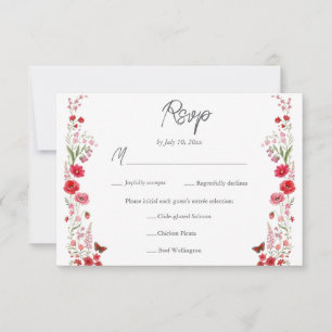 Boho Pink and Red Wildflowers Wedding Meal Choice RSVP Card