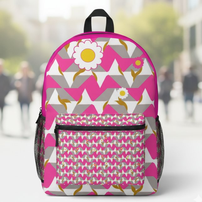 Boho Pink and Yellow Girly Backpack (Bold pink pattern with floral fun. A cute everyday carry for girls who love color.)