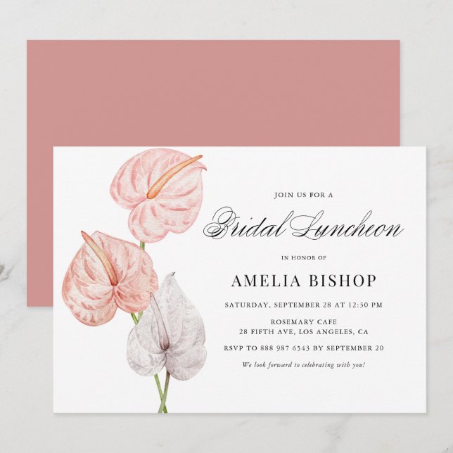 Boho Pink Anthuriums Tropical Bridal Luncheon Invitation (Front/Back)
