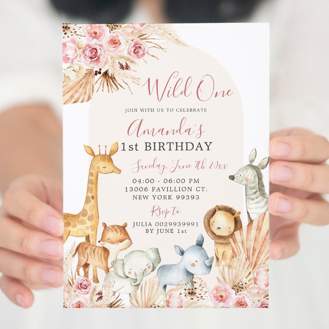 Boho Pink Arch Girl Safari First Birthday Invitation (Creator Uploaded)