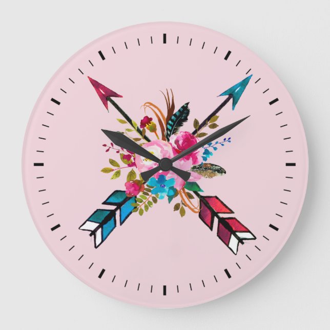 Boho Pink Arrows & Feathers Bouquet Wall Clock (Front)