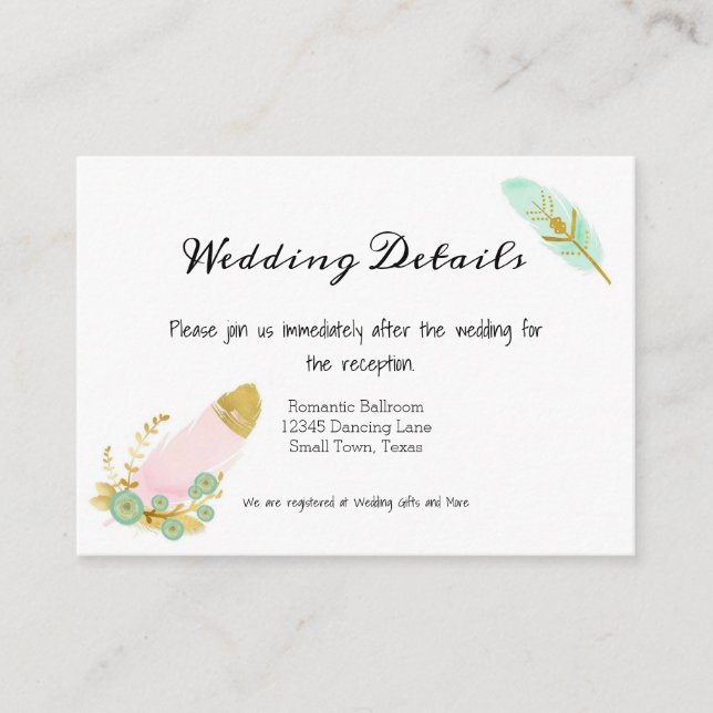 Boho Pink Auqa Gold Feathers Enclosure Card (Front)