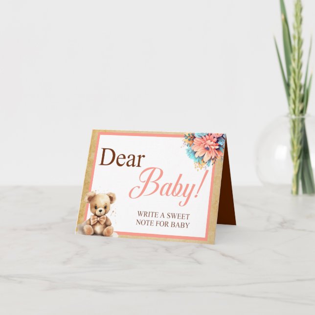 Boho Pink Bear Baby Shower Dear Baby Table Card (Front)