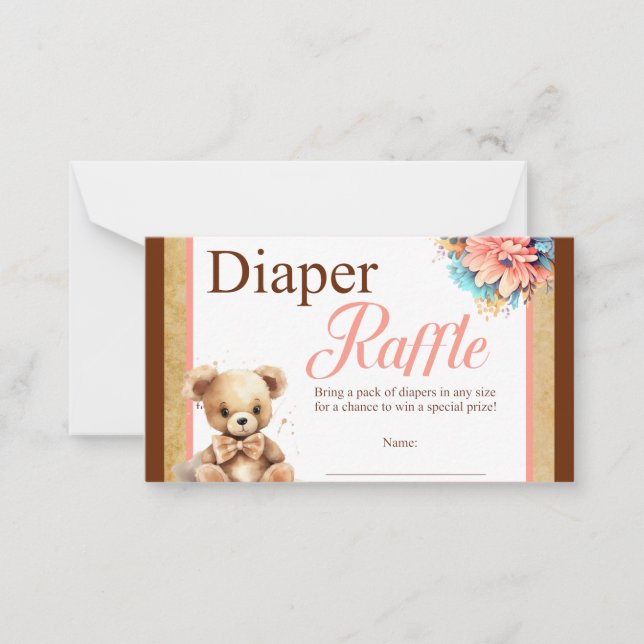 Boho Pink Bear Baby Shower Diaper Raffle Note Card (Front)