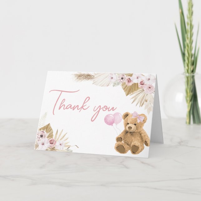 Boho Pink Bear Baby Shower  Thank You Card (Front)