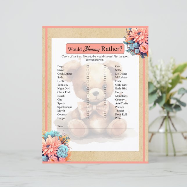 Boho Pink Bear Baby Shower Would Mummy Rather Game (Standing Front)