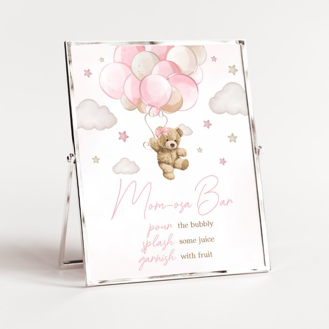 Boho Pink Bear Balloon Baby Shower Mum Osa Bar Poster (We Can Bearly Wait Pink Balloon Baby Shower Mom Osa Bar Sign)