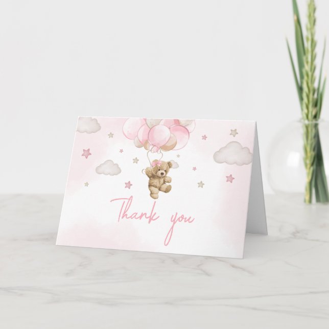 Boho Pink Bear Balloon Baby Shower Thank You Card (Front)