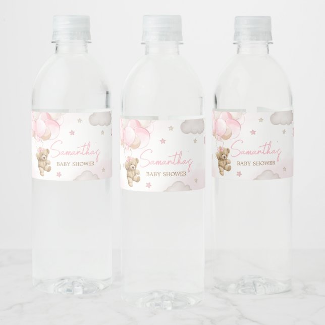 Boho Pink Bear Balloon Baby Shower Water Bottle Label (Bottles)