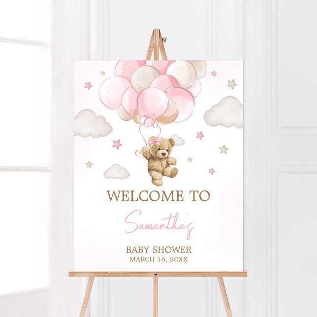 Boho Pink Bear Balloon Baby Shower Welcome Poster (We Can Bearly Wait Pink Balloon Baby Shower Welcome Sign)