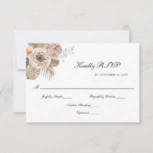 Boho Pink Beige Floral Botanical Elegant Wedding RSVP Card