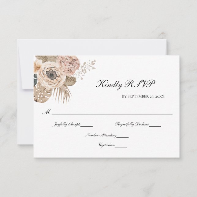 Boho Pink Beige Floral Botanical Elegant Wedding  RSVP Card (Front)
