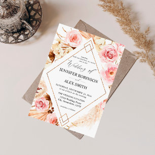 Boho Pink & Beige Floral Gold Wedding Invitation