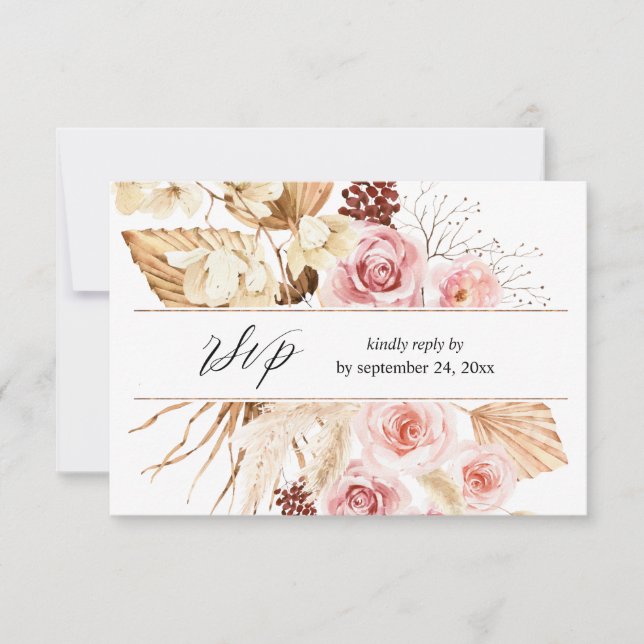 Boho Pink & Beige Floral Pampas with Meal RSVP  Card (Front)