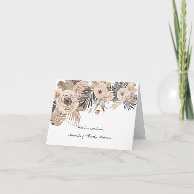 Boho Pink Beige Grey Floral Botanical Wedding  Thank You Card (Front)