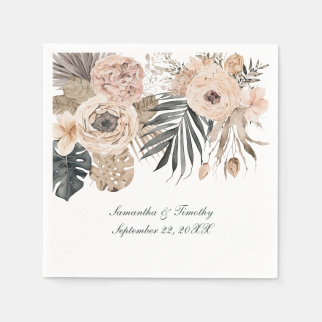 Boho Pink Beige Grey Floral Botanicals Wedding Napkin (Front)