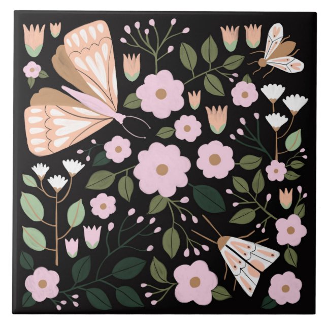 Boho pink black girly floral butterfly moth art tile (Front)