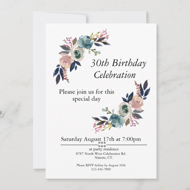 Boho Pink Blue Blush Customisable 30th Birthday Invitation (Front)