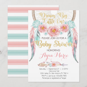 Boho Pink Blue Dreamcatcher Baby Shower Invitation