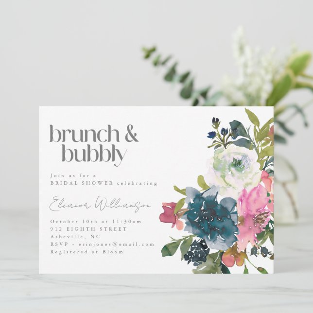 Boho Pink Blue Floral Bridal Brunch Bubbly Shower Invitation (Standing Front)