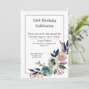 Boho Pink Blue Floral Customisable 50th Birthday  Invitation