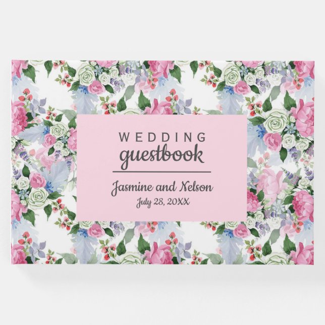 Boho Pink Blue flowers Wedding Personalised Flower Guest Book (Front)