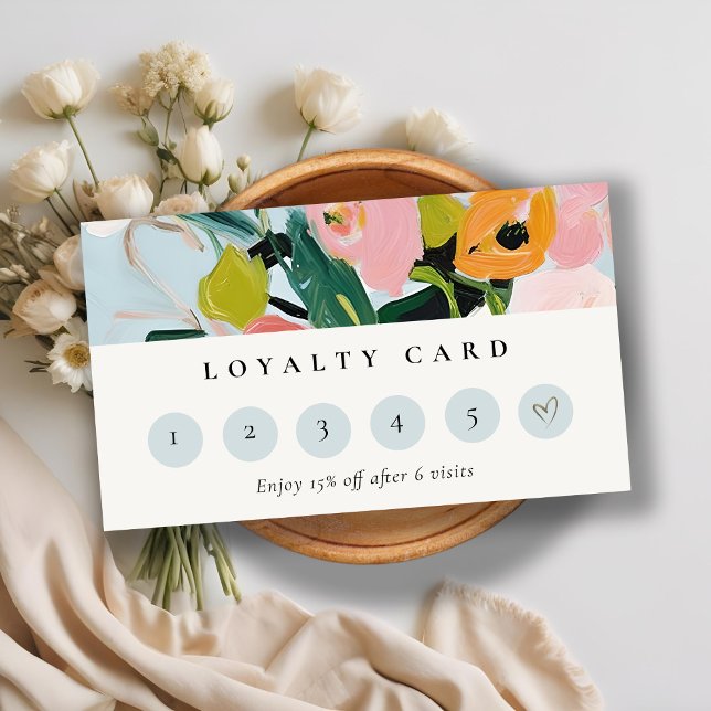 Boho Pink Blue Green Painted Floral Loyality  Business Card (Creator Uploaded)