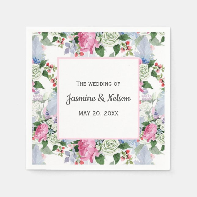 BOHO PINK BLUE LILAC PERSONALIZED WEDDING NAPKIN (Front)