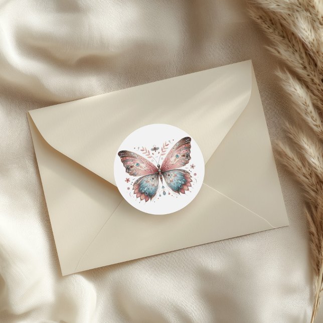 Boho Pink & Blue Watercolor Butterfly Classic Round Sticker (Boho Pink & Blue Watercolor Butterfly Classic Round Sticker on an elegant envelope.)