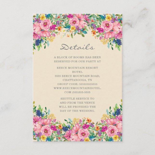 Boho Pink Blue Yellow Flowers Wedding Details Enclosure Card (Front)
