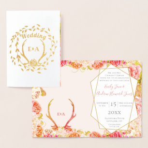 Boho Pink Blush Rose Gold Antler Wedding Real Gold Foil Card