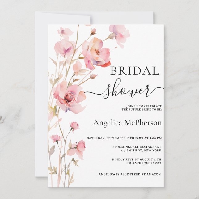 BOHO PINK BLUSH WATERCOLOR FLOWERS BRIDAL SHOWER  INVITATION (Front)
