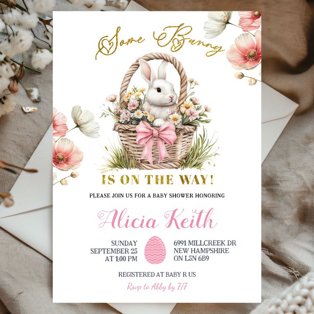 Boho Pink Bow Floral Easter Bunny Baby Shower Invitation (Creator Uploaded)