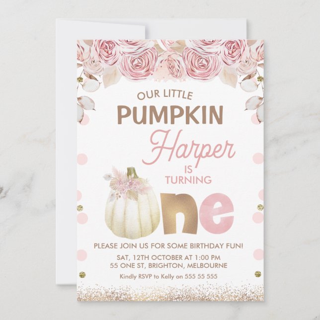 Boho Pink Brown Floral Pumpkin 1st Birthday  Invitation (Front)